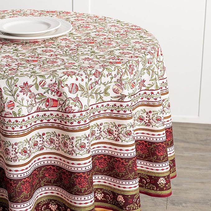 Maison d' Hermine Table Cloth Round Table 100% Cotton 69 Inches Fall Tablecloth Reusable Everyday Use for Thanksgiving Christmas Decorations Dining Farmhouse Party (Reveillon Au Jardin)