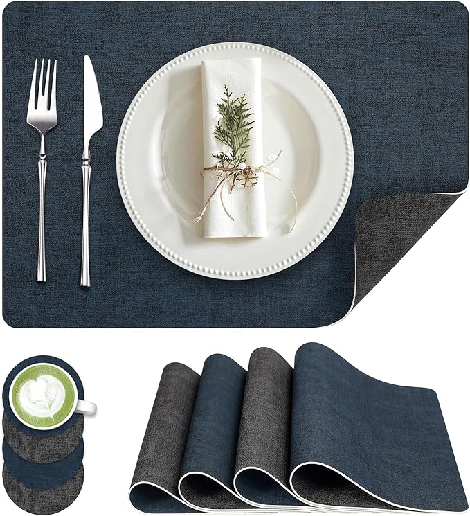 Placemats Set of 4, Faux Leather Heat Resistant Wipeable Placemats, Dual Sided Waterproof Washable Table Mats with Coaster, Suitable for Kitchen, Dining, Table Decor (4, Black Navy Blue)