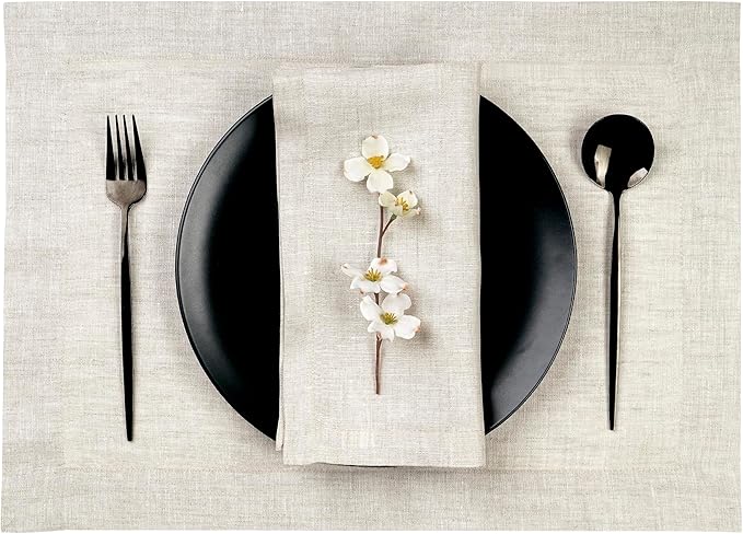 D'Moksha Homes Linen Placemats 14 x 19 Inch - Light Natural Placemats Set of 6-100% Pure Linen Table Place Mats for Valentines, Spring, Easter - Handcrafted and Machine Washable