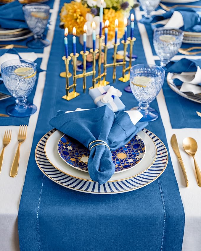 Solino Home Linen Indigo Blue Hemstitch Table Runner 60 Inches - 100% Pure Linen Small Table Runner 14 x 60 Inch Ideal for Dresser and Coffee Tables - Classic Hemstitch - Winter, Spring, Easter