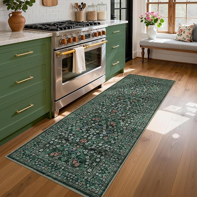 GarveeHome Washable Kitchen Runner Rug, Floral 2x6 Rug for Hallway Non Slip Stain Resistant, Ultra-Thin Boho Soft Hallway Rug Botanical Carpet for Entryway, Laundry Room, Bathroom Dark Green
