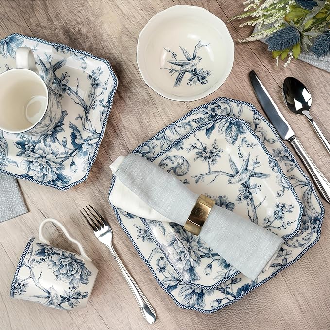 222 Fifth Adelaide 16-Piece Square Floral Dinnerware Set – Service for 4, Blue & White Porcelain Plates & Bowls, for Everyday Dining & Entertainment, Microwave & Dishwasher Safe, Chip Resistant
