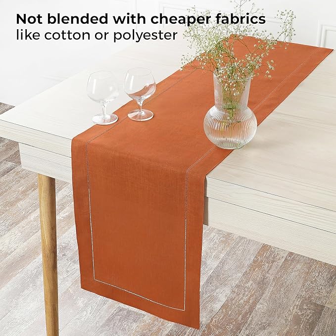 D'Moksha Homes Linen Rust Table Runner 120 Inches Long - 100% Pure Linen Hemstitch 14 x 120 Inch Table Runner for Dining and Spring, Easter - Classic Hemstitch
