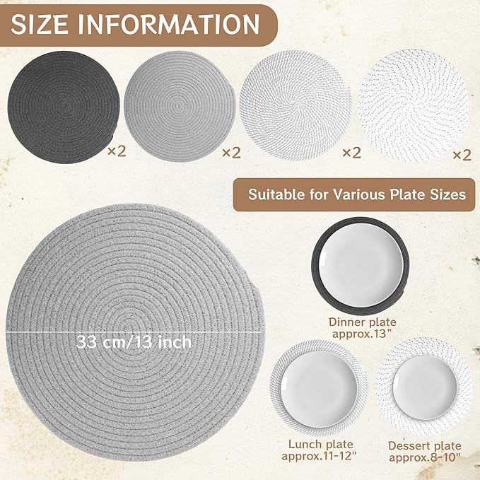 Kochorie Set of 8 Round Woven Cotton Placemats, 13 Inch Boho Table Mats for Kitchen and Dining Table, Farmhouse Heat Resistant Washable Trivets, Fall Thanksgiving Christmas Décor (Mixed Gray)