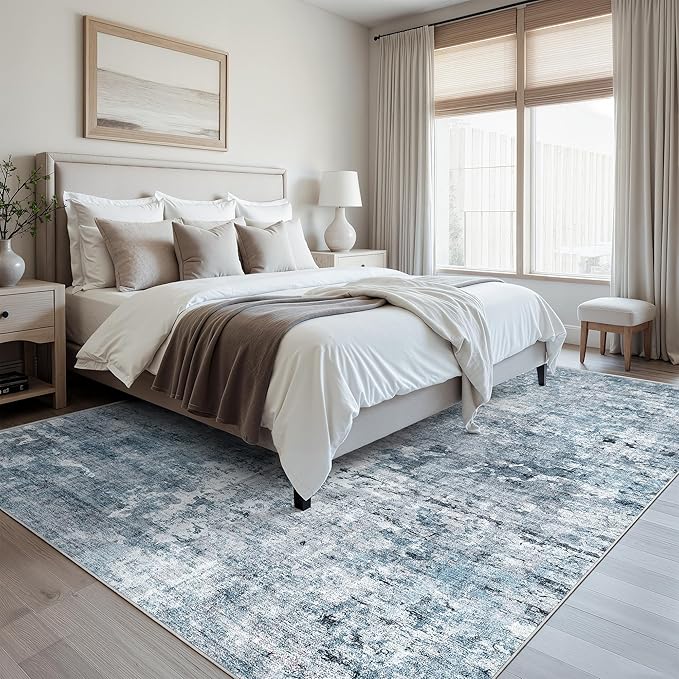 9x12 Area Rugs for Living Room, Abstract Non Slip Machine Washable Vintage Rugs, Low Pile Lightweight Large Rug for Bedroom, Dining Room, Home Office Blue