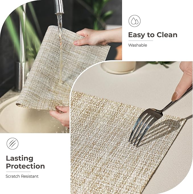 Leetaltree Luxury Beige and Gold Woven Placemats Set of 8 - Waterproof Washable Textured Table Mats for Wedding, Anniversary, Daily Use - Sparkling Metallic Thread Table Decor - Hand-Cut