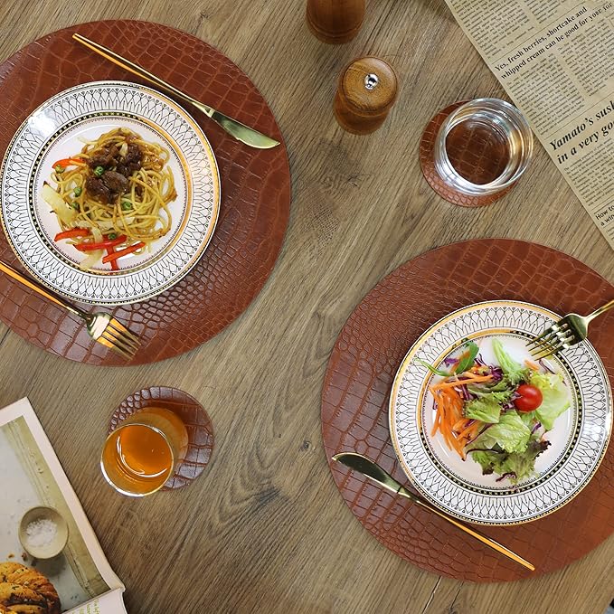 Round Leather Placemats for Round Tables Set of 8, Brown Table Place Mats and Coasters, Washable Easy to Care for Indoor Decor 13" Diameter