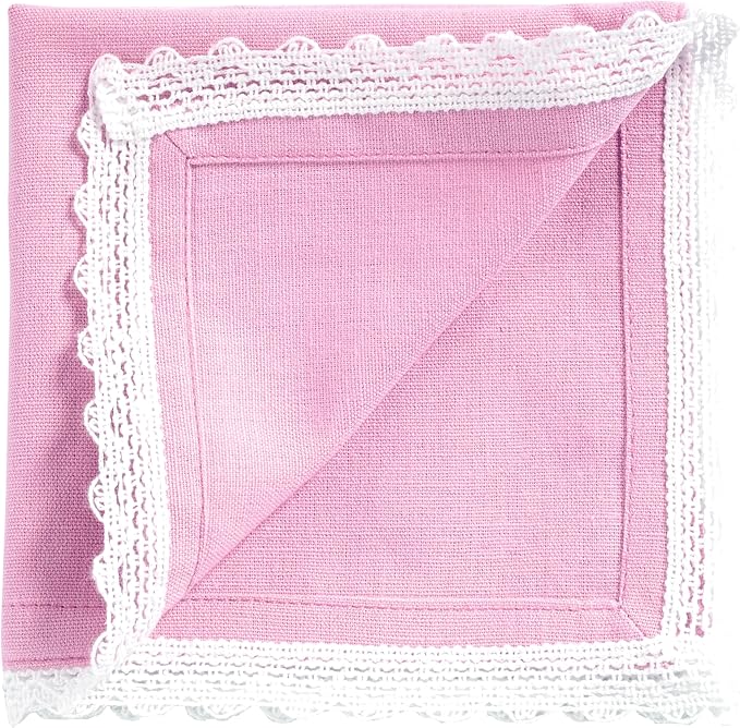 Fingercraft Dinner Cloth Napkin Cotton Linen Blend 12 Pack 12In Mitered Corners with Elegant Lace for Everyday Use Napkins Cloth are Pre Shrunk and Good Absorbency Pastel Rose