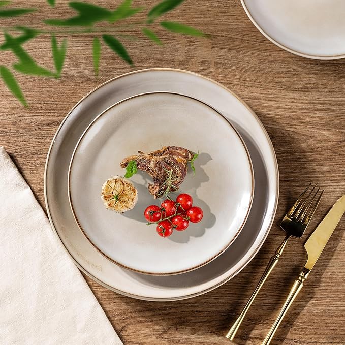 GBHOME Ceramic Dinnerware Sets for 8, 24 Pieces Stoneware Plates and Bowls Sets, Reactive Glaze Dishes -Scratch Resistant, Dishwasher&Microwave Safe-Cappuccino