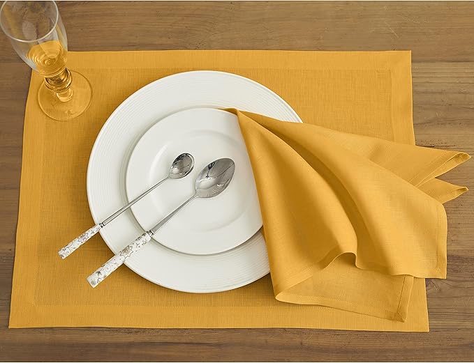 Solino Home Linen Cloth Placemats Set of 4-100% Pure Linen Tangerine Yellow Placemats 14 x 19 Inch for Spring - Fete