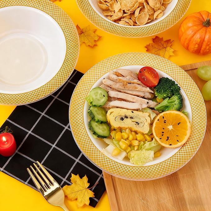 JOLLY CHEF 50 Pack Plastic Bowls with Gold Rim, 12 oz Disposable Soup Bowls, Heavy Duty Plastic Dinner Bowl for Weddings, Party, Dinners, Catering, Christmas and Everyday Use