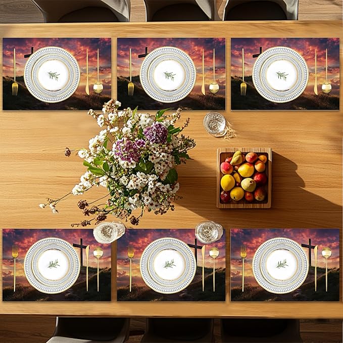 Cross Placemats Set of 6,Sunset Table Mates Non-Slip Heat Resistant Washable Linen Place Mats for Party Kitchen Dining Decoration Indoor Outdoor 12"x18"