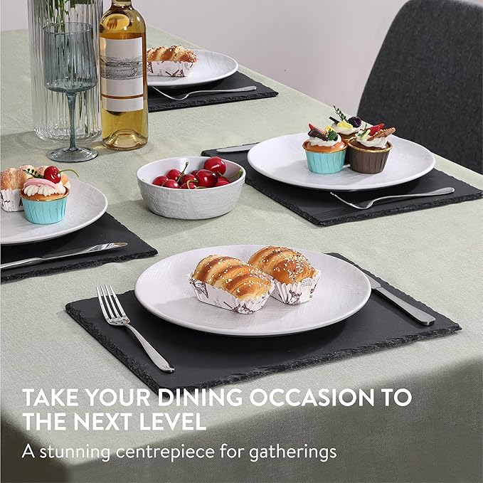 Navaris Slate Plates - Food Contact Safe Black Stone Plates - Charcuterie Boards Serving Plate - Stone Slate Slab Platter Cheese Board - Set of 4-15 x 11 (38 x 28 cm)