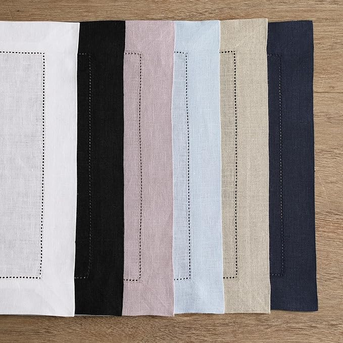 Solino Home Linen Placemats Set of 4 - Classic Hemstitch Purple Placemats 14 x 19 Inch - 100% Pure Linen Table Mats for Winter, Spring, Easter, Valentines