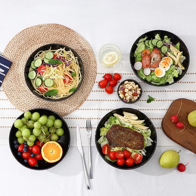Sureasy Pasta Bowls Set of 4-30oz Large Embossed Salad Bowls, 8.5 Inch Wide and Shallow Plate Bowls, Salad Bowl, Microwave, Oven & Dishwasher Safe, Black
