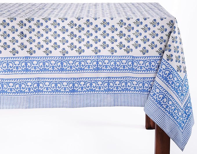 ATOSII Gulbahar Blue 100% Cotton Spring Square Tablecloth, Handblock Print Floral Table Cloth Linen for Kitchen Dining I Weddings, Parties, Outdoors, Easter Home Decor 60 X 60 Inches I 4 Seater