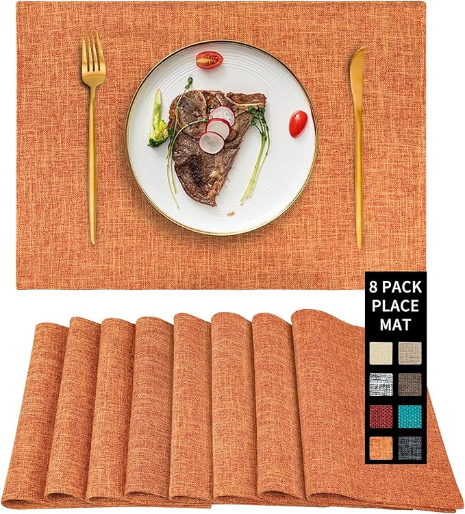 Cloth Placemats Set of 8, Linen Type Fabric Fall Placemats Table Mat, Machine Washable Rustic Place Mats Heat Resistant Placemats Wrinkle Free Thick Kitchen Place Mats for Dining Table, Orange 12"x18"
