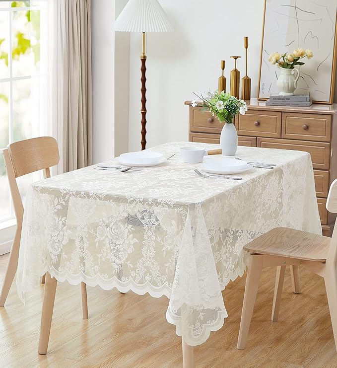 Warm Home Designs 54 x 72 Lace Tablecloth - Ivory Rectangle With English Rose Design for 6-8 Guests - Rustic Dining Table Cover - LTC Ivory 72"