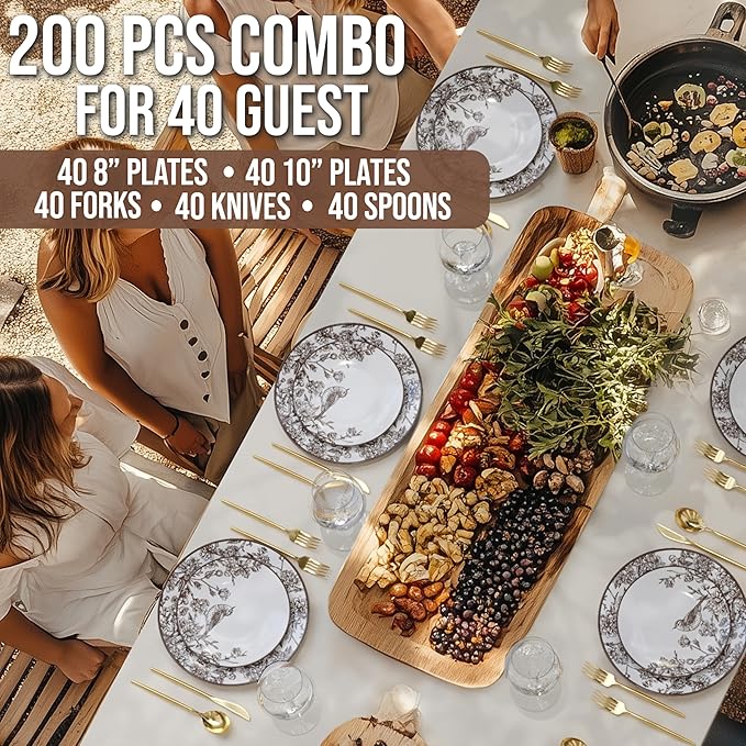 Trendables Fancy Plastic Dinnerware Sets 200 Pc Set 40 Guests Gold Silverware Disposable 40 X 10 Inch Charger Plates 40 X 8 Inch Dessert Plates 40 x Gold Plastic Forks and Spoons Knives In Rustik