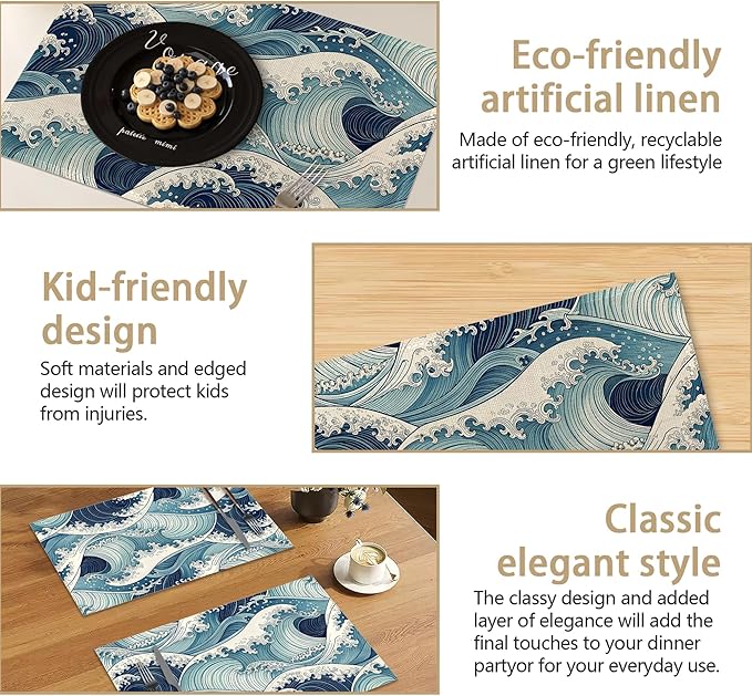 Table Placemats Set of 6, Waterproof Linen Fabric, Non-Slip Backing & Easy Clean, Elegant Dining Table Protectors for Family and Guests(Japanese Waves)