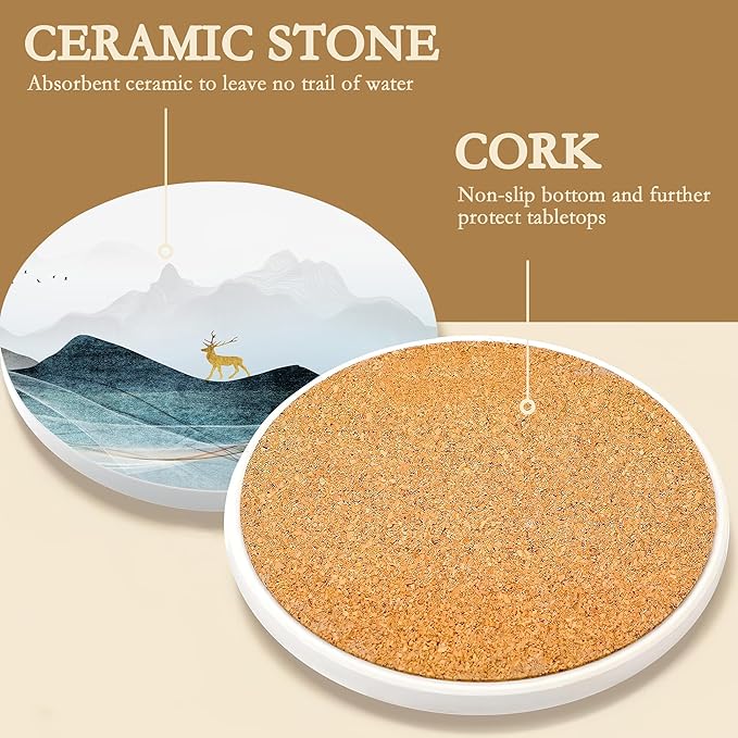 6 Pcs Mountain Landscape Absorbent Ceramic & Cork Base Coasters, Cute Funny Table Drinks Coasters, 4 Inch Round