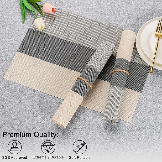 Placemats Set of 8, Vinyl Woven Place Mats Indoor Set of 8 Washable Wipeable PVC Table Mats Heat-Resistant Non Slip Placemat for Kitchen Dining Outdoor Table (Beige Dark Gray, Set of 8)