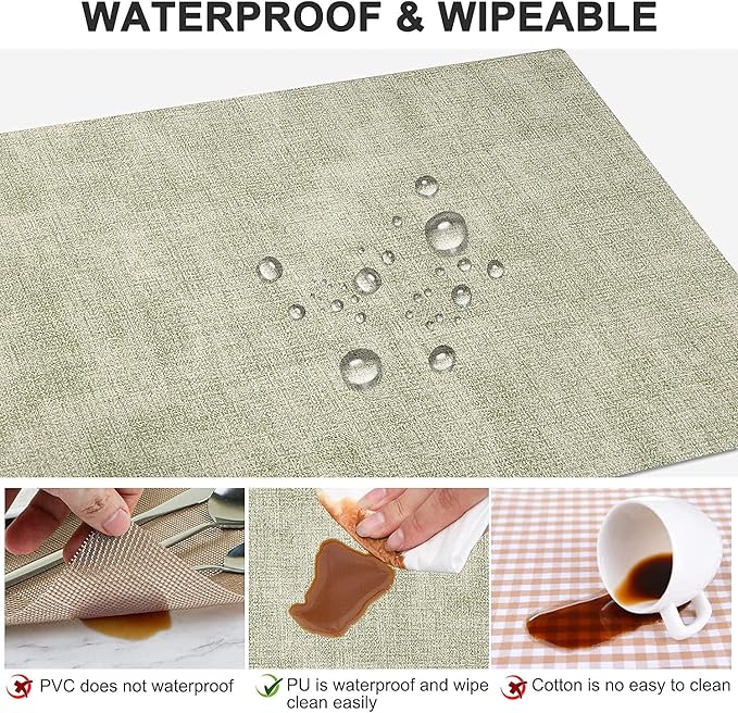 Leather Heat Resistant Placemats Set of 6 Waterproof Wipeable Washable PU Table Mats,Easy to Clean Anti-Slip Place Mats (Light Green, 6)