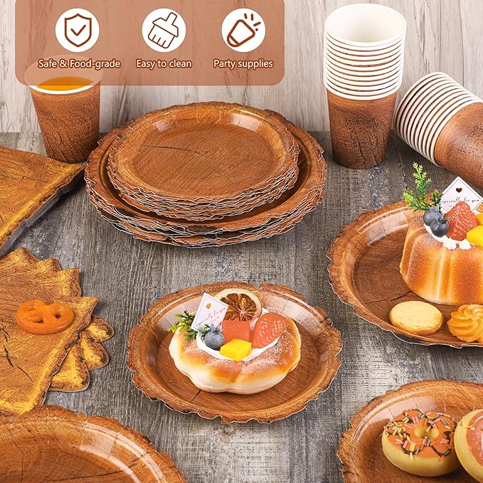 Kochorie 96 Pieces Wood Grain Slice Tableware Sets Rustic Wood Party Supplies Including Paper Plates, Napkins, Cups, Serves 24 for Camping Birthday Hunting Forest Party Decorations