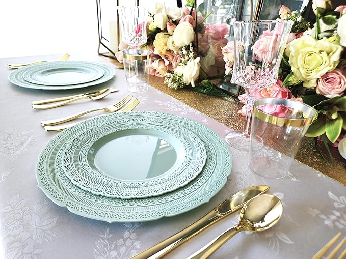 " OCCASIONS " 240 Plates Pack,(120 Guests) Extra Heavyweight Vintage Wedding Disposable/Reusable Plastic Plates 120x11'' Dinner + 120x8.25'' Salad/Dessert Plate (Chateau Mint)