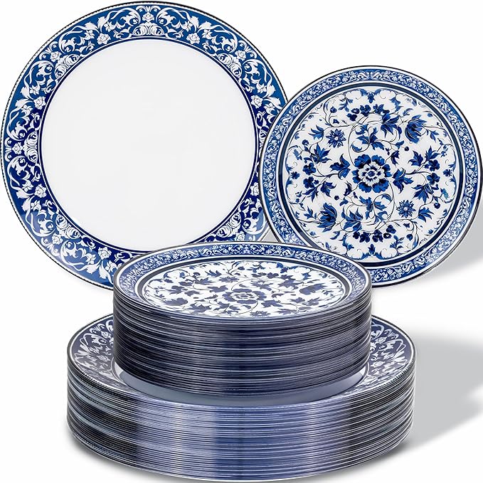 Hioasis 60pcs Blue Plastic Plates Set - Floral Blue & White Porcelain Design, 10.25" Dinner & 7.5" Dessert Plates Disposable for Wedding (Dishwasher Safe, Art Style)
