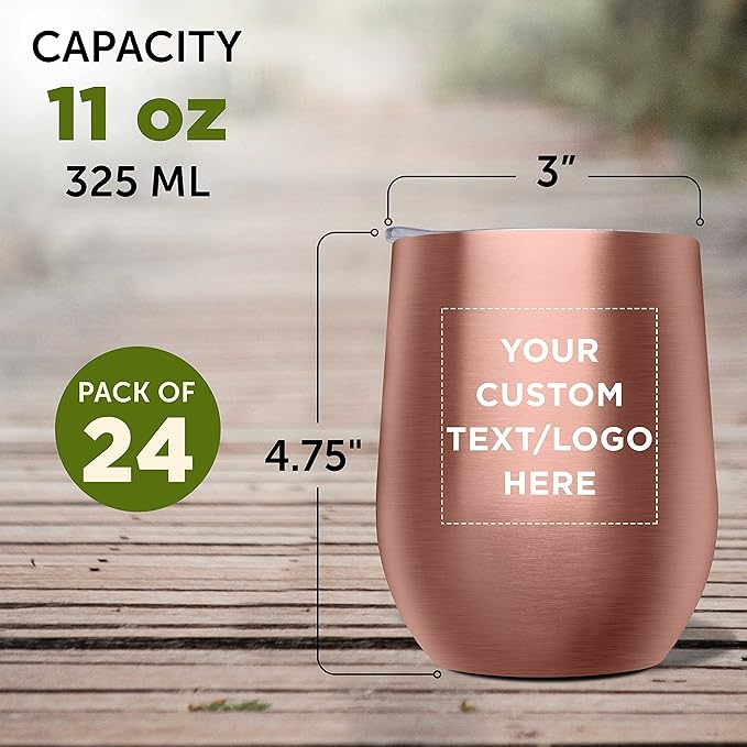 Custom Stemless Wine Glass Tumblers with Lids by Largo 11 oz. Set of 24, Personalized Bulk Pack - Perfect for Wine, Cocktails, Other Hot & Cold Beverages - Rose Gold