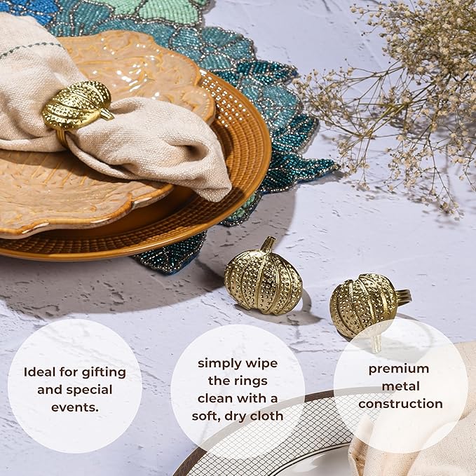 CLEENTABLE Napkin Rings Set of 12 - Pumpkin Elegant Napkin Holders Modern Serviette Buckles Metallic Adornment for Table Settings for Thanksgiving, Fall, Halloween & Holiday (Antique Gold)