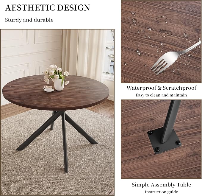 45.3 Inch Round Dining Table Set for 4, Mid Century Modern Small Coffee Set for Dining Room Kitchen Apartment (Dark Walnut Table + 4 U-Shaped Brown Chairs)
