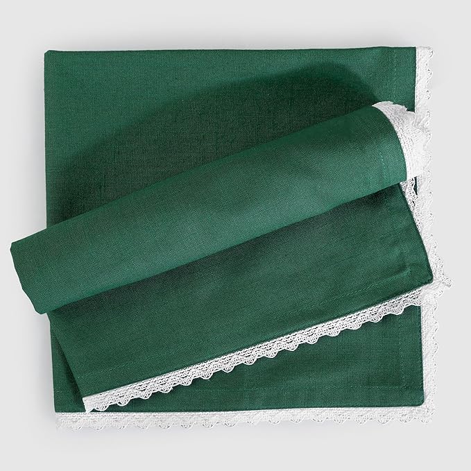 FINGERCRAFT Dinner Cloth Napkin Cotton Blend 12 Pack Vintage Rustic Premium Quality Mitered Corners Napkin Cloth with Elegant Lace for Everyday Use, Pre Shrunk and Good Absorbency 20x20 in Eden Green