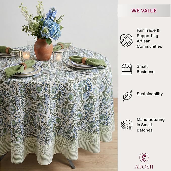 ATOSII Clover Blue 100% Cotton Round Boho Fall Tablecloth, Handblock Floral Table Cloth Linen for Kitchen Dining I Parties Weddings Outdoors Christmas Thanksgiving I 90" Inches Round I 6-8 Seater