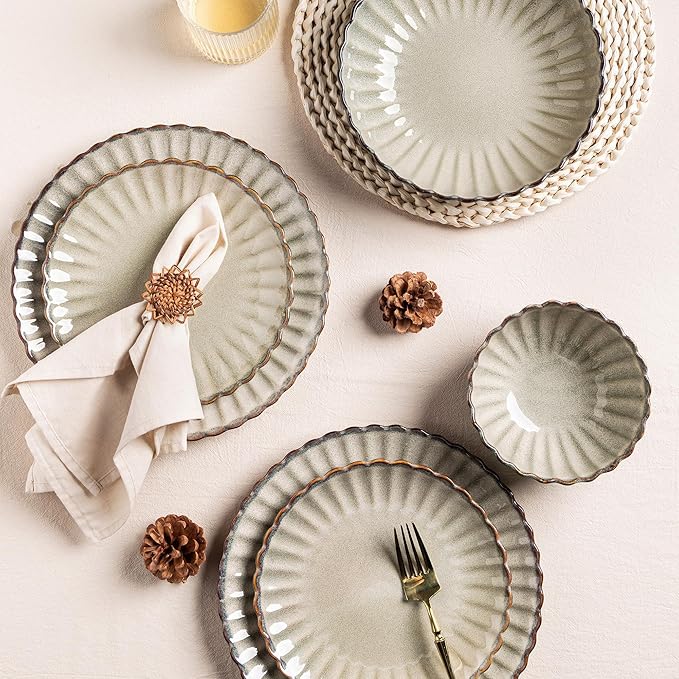 GBHOME Stoneware Dinnerware Sets for 4,Handcrafted Embossed Design Reactive Glaze Ceramic Plates and Bowls, Dishwasher and Microwave Safe, Service for 4(12pcs),Green Wheat