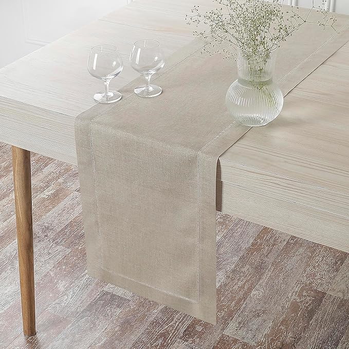 D'Moksha Homes Linen Natural Table Runner 60 Inches - Classic Hemstitch, 100% Pure Linen Coffee Table Runner 14 x 60 Inch Ideal for Dresser Tables, Valentines, Spring, Easter