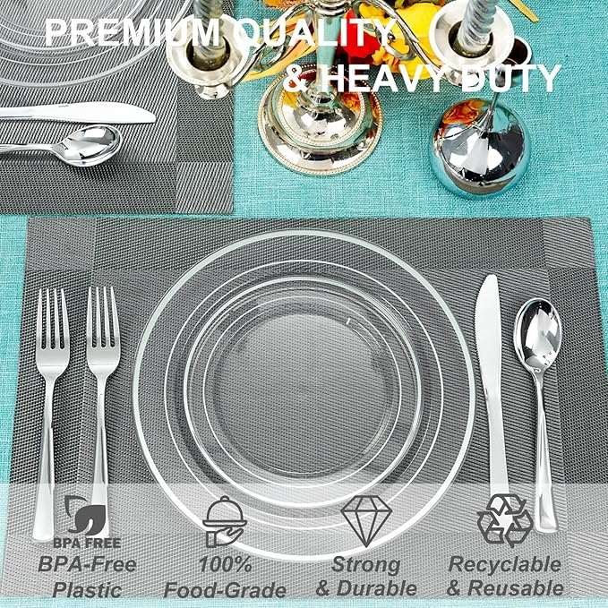 I00000 60PCS Clear and Silver Disposable Plates,Clear Plates with Silver Rim 7 Inch,Heavy Duty Plastic for Wedding Birthdays Party