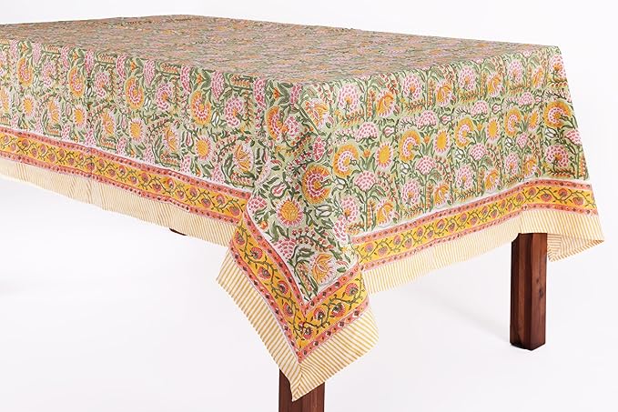 ATOSII Clover Green 100% Cotton Rectangle Boho Fall Tablecloth, Handblock Floral Table Cloth Linen for Kitchen Dining I Parties Wedding Outdoors Christmas Thanksgiving I 72 X 140 Inches I 12 Seater