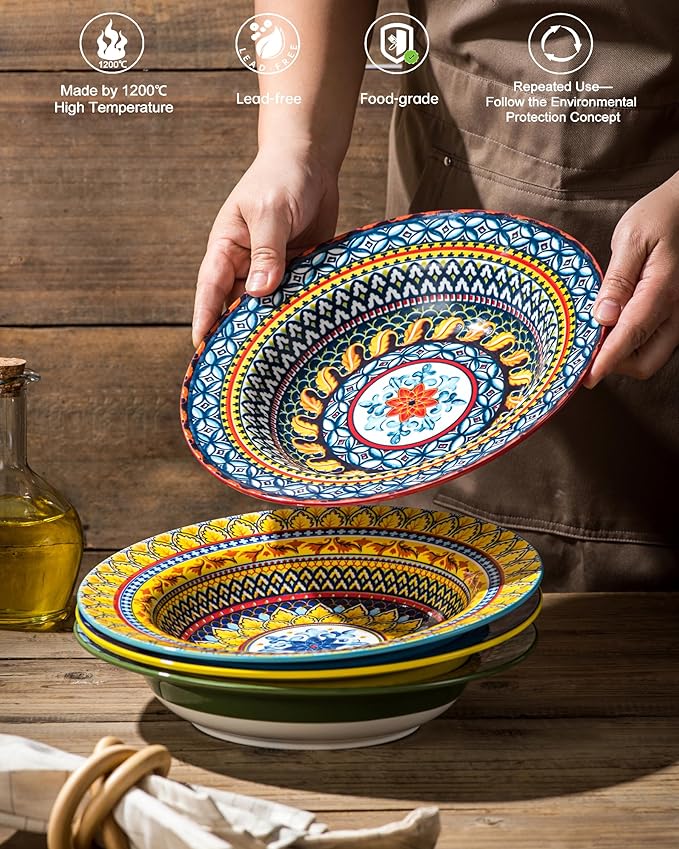 Soup and Pasta Bowls Set of 4-18 Oz Wide Rim, Porcelain Serving Bowls for Kitchen, Deep Dinner Plates - Microwave & Dishwasher Safe - Bohemian Style