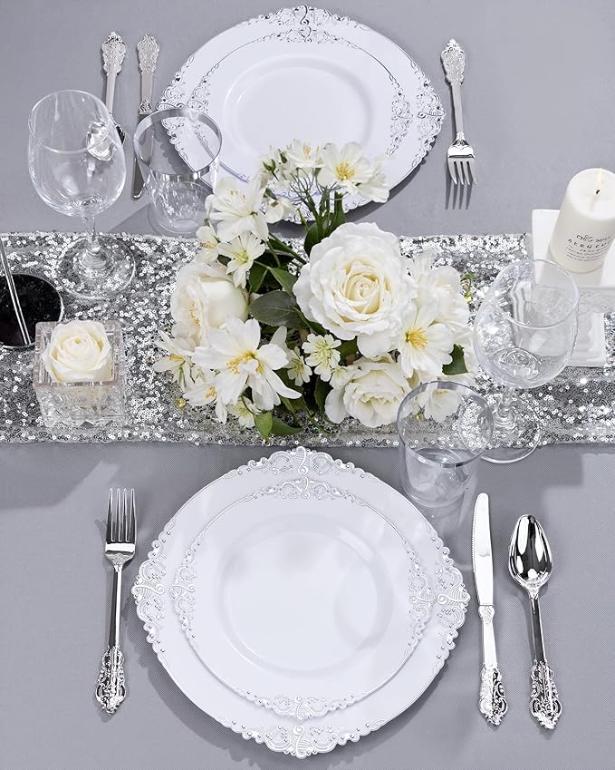 Nervure 700PCS Silver Plastic Plates - Silver Plastic Dinnerware Sets for 100 Guests - 200 Disposable Plates, 300 Silverware, 100 Cups, 100 Napkins for Wedding & Party