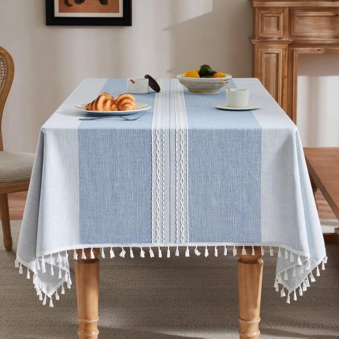 ZeeMart Contrast Linen Table Cloth Rectangle Table Cloths 60x104 Inch Mid-Stripe Blue, Farmhouse Style Heavy Weight Dusty Blue Tablecloth, Water Resistant Burlap Tablecloths