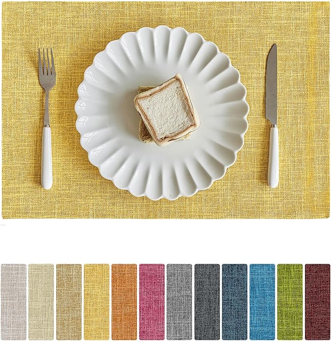 Softalker Faux Linen Placemats Set of 4-12 x 18 Inch, Heat Resistant Double Layered Durable Burlap Farmhouse Place Mats, Non-Slip Washable Rustic Table Mats for Dining, Kitchen, Party（Yellow