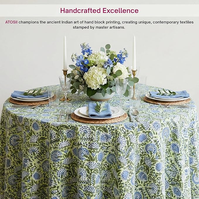 ATOSII Amara 100% Cotton Round Fall Tablecloth, Handblock Print Floral Table Cloth for Kitchen Dining Linen I Parties, Weddings, Christmas, Thanksgiving, Easter Grandmillennial Decor 60" Inches Round