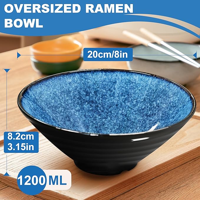 8-Inch 2 Sets Ceramic Ramen Bowl (8 Piece) - Japanese Porcelain Dishwasher Microwave Safe Salad Noodles Cereal Pasta Soup Large Bowls with Chopsticks Forks Spoons for Men Women Housewarming Gift