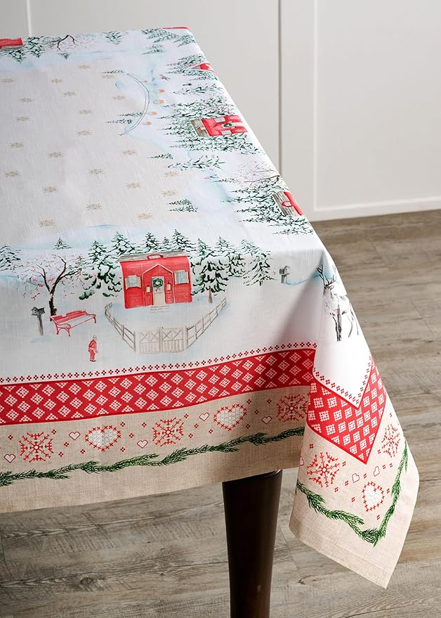 Maison d' Hermine Table Cloth Rectangle Table 100% Cotton 70 x 108 Inches Fall Tablecloth Reusable Everyday Use for Thanksgiving Christmas Decorations Dining Farmhouse Party (Rural Christmas)