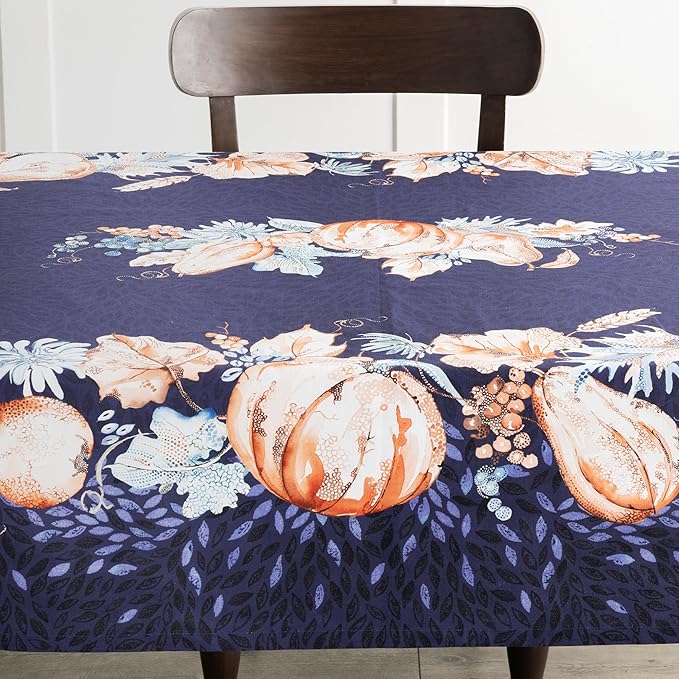 Maison d' Hermine Table Cloth Rectangle Table 100% Cotton 54 x 72 Inches Fall Tablecloth Reusable Everyday Use for Thanksgiving Christmas Decorations Dining Farmhouse Party (Pumpkin Blues)