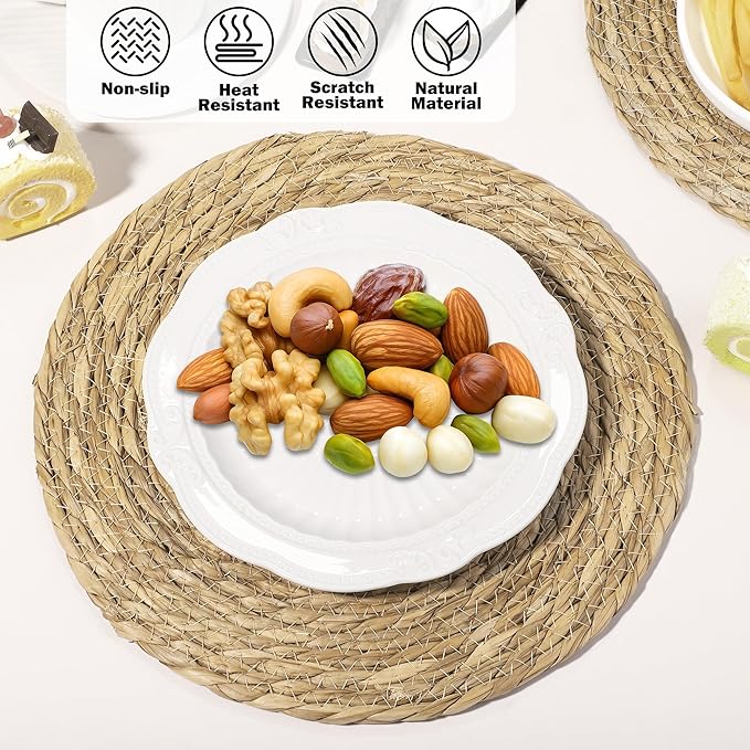 Elcoho 10 Pieces Round Woven Placemats 13.8 Inch Boho Rattan Placemats Farmhouse Braided Place Mats Woven Plate Chargers Rustic Wicker Table Mats for Dining Table