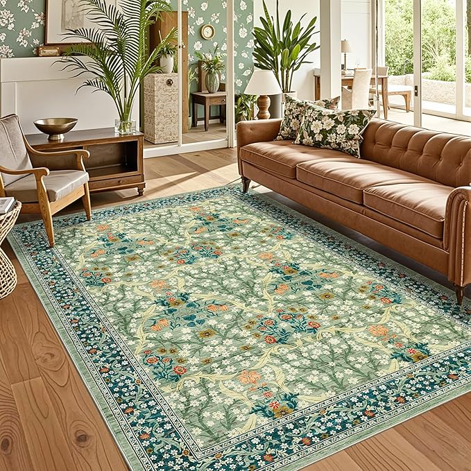 GarveeHome Washable Rug for Living Room, 9x12 Large Area Rug for Dining Room Under Table, Bedroom, Floral Soft Low Pile Non Slip Stain Resistant Carpet for Nursery, Playroom, Office, Sage Green