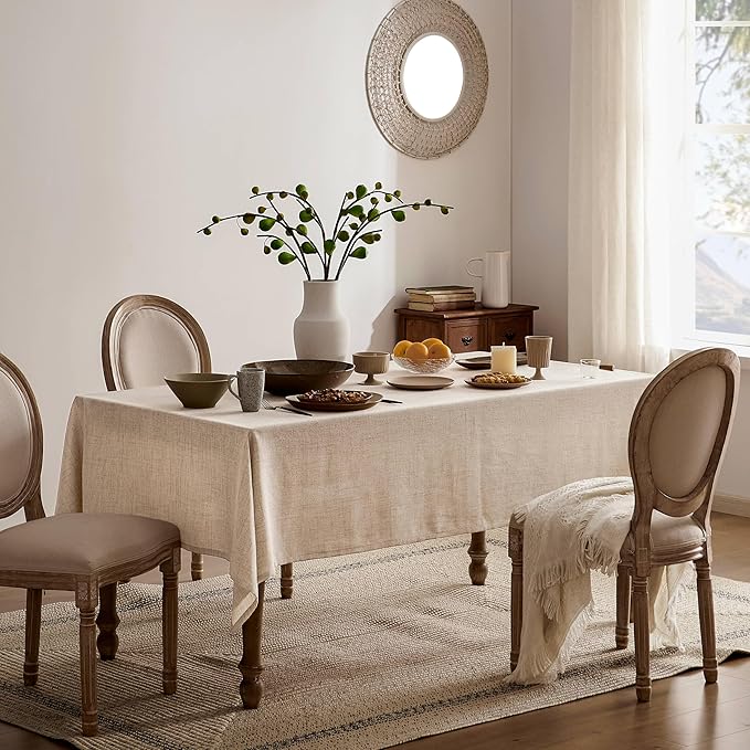 Linen Tablecloth for Square Table 52x52 Inch Natural, Farmhouse Style Neutral Tablecloth, Water Resistant Burlap Tablecloths for Dining Table Farmhouse Kitchen